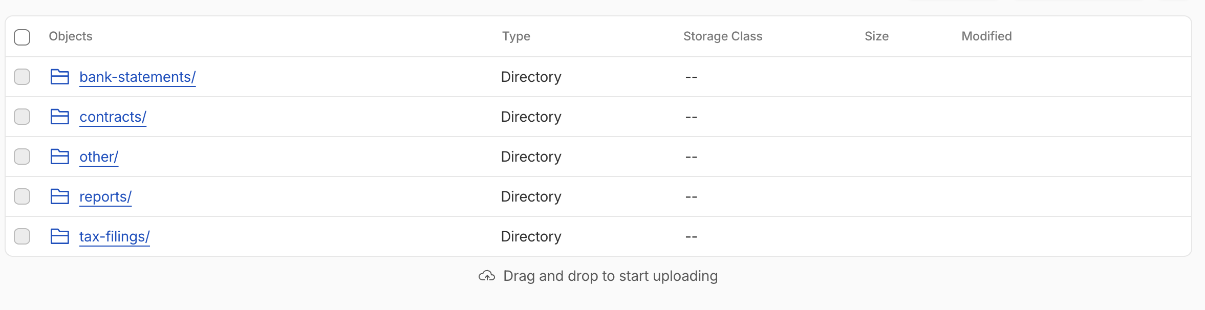 Document categories: bank statements, contracts, reports, tax filings