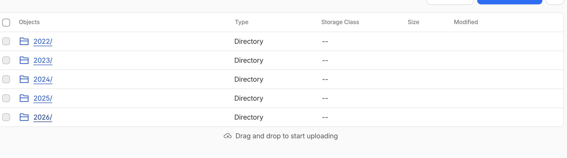 S3 bucket organized by year &mdash; 2022 through 2026